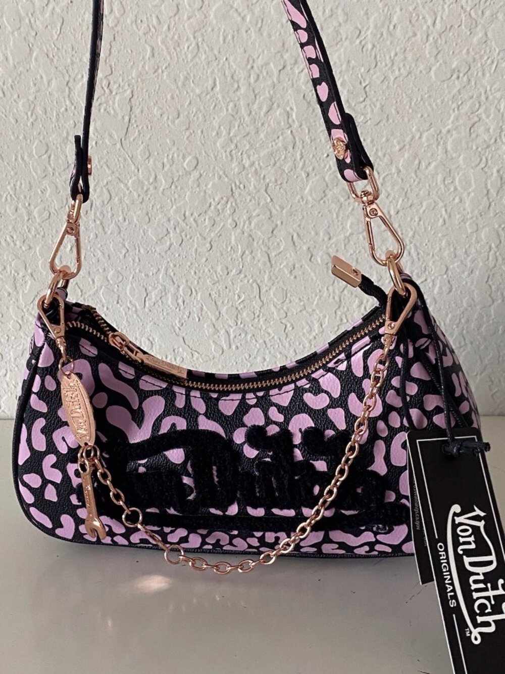 Von Dutch Shoulder Bag Pink & Black Multi Cheetah Animal Print Charm Chain NEW